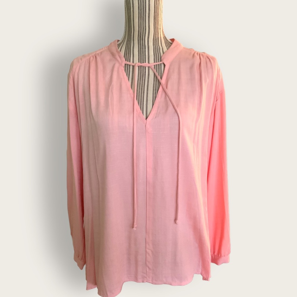 Pale Pink Entro Tunic Relaxed Fit Hi-Lo Hem Necktie Long Sleeve Classic - Picture 2 of 16
